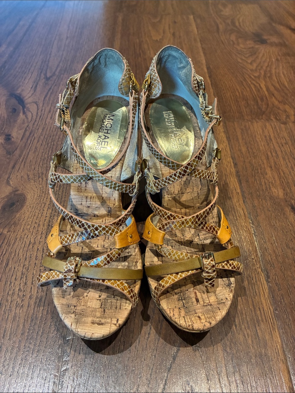 Michael Kors Olive, Tan & Snake-Print Strappy Cork Wedge Sandals